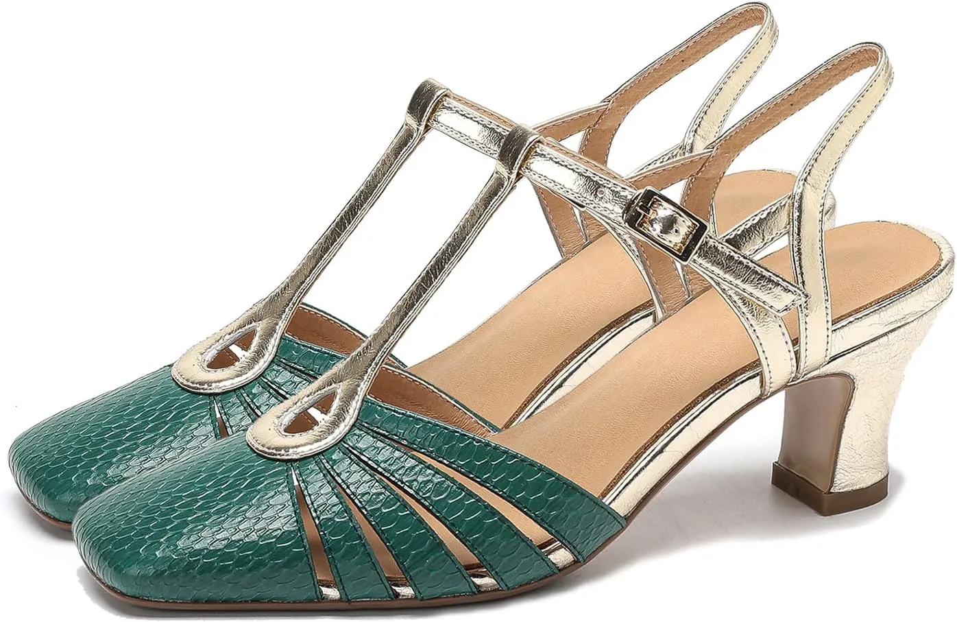 Women Kitten Heel Mary Jane Sandals Ankle T-strap Closed Square Toe Sandals Pumps Cut Out 2” Chunky Block Heel Dress Sandals Two Tone Buckle Vintage Wedding Bridal Party 4-11 M US
