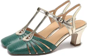 Women Kitten Heel Mary Jane Sandals Ankle T-strap Closed Square Toe Sandals Pumps Cut Out 2” Chunky Block Heel Dress Sandals Two Tone Buckle Vintage Wedding Bridal Party 4-11 M US
