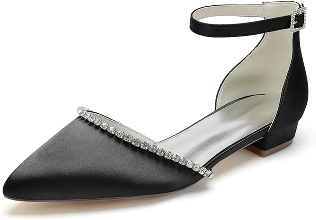 Women Pointed Toe Wedding Pumps Beaded Satin Flats Prom Evening Dress Flat Shoes