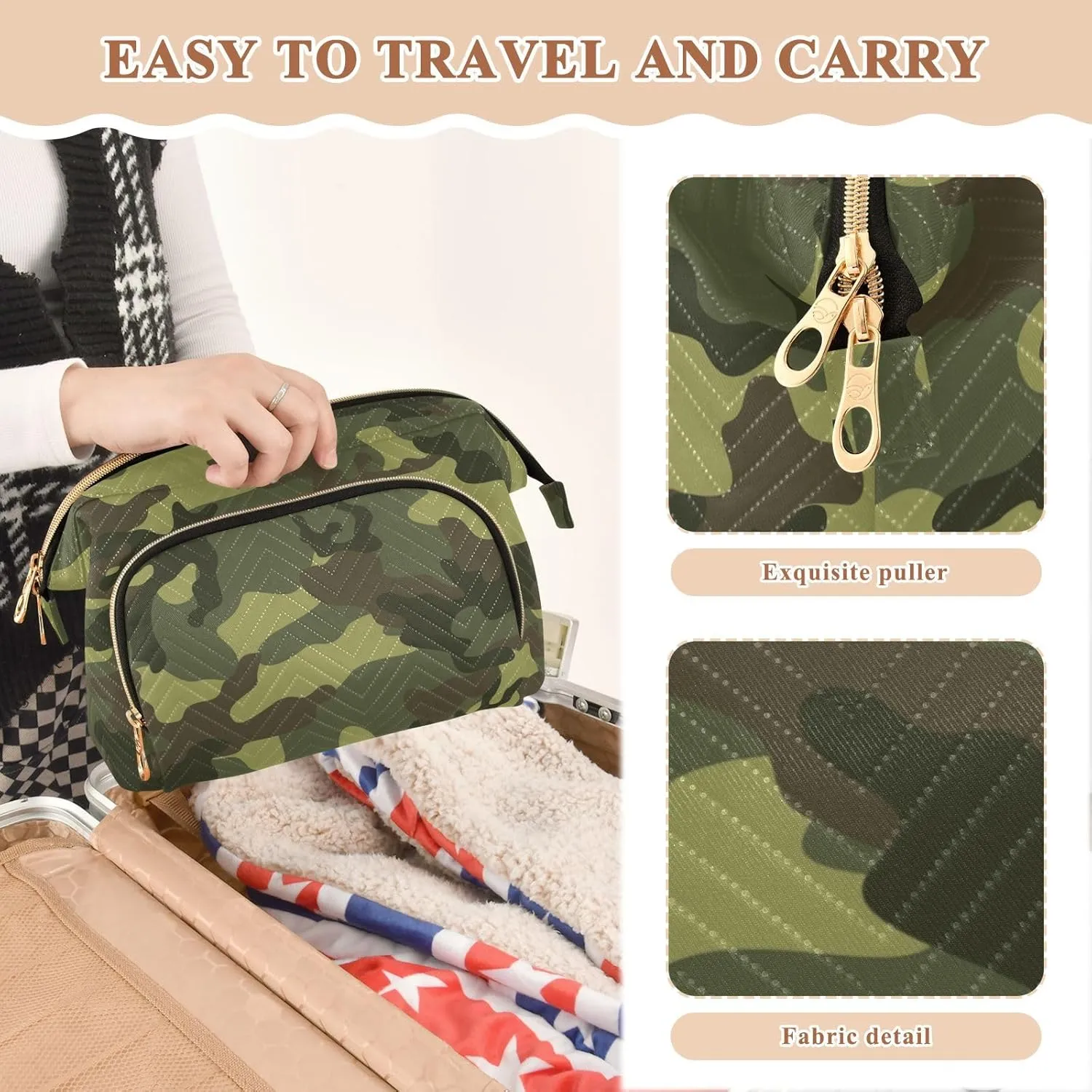 Women Wave Quilt Cosmetic Bag, Storage Pouch Handbag Makeup Case Zipper Toiletry Purse Holder Organizer 10.2x5.9x6.7 in Abstract Green Camouflage Texture