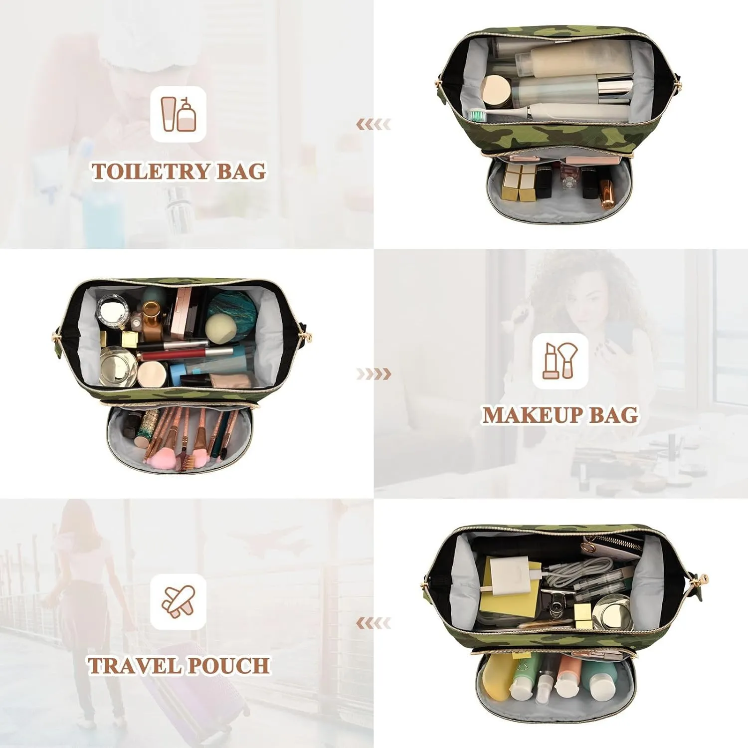 Women Wave Quilt Cosmetic Bag, Storage Pouch Handbag Makeup Case Zipper Toiletry Purse Holder Organizer 10.2x5.9x6.7 in Abstract Green Camouflage Texture