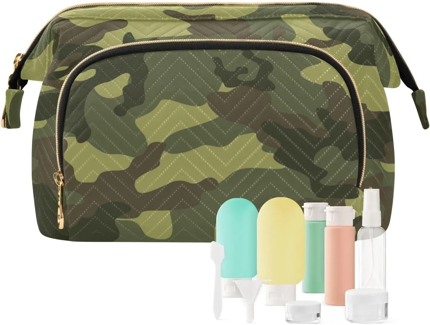 Women Wave Quilt Cosmetic Bag, Storage Pouch Handbag Makeup Case Zipper Toiletry Purse Holder Organizer 10.2x5.9x6.7 in Abstract Green Camouflage Texture