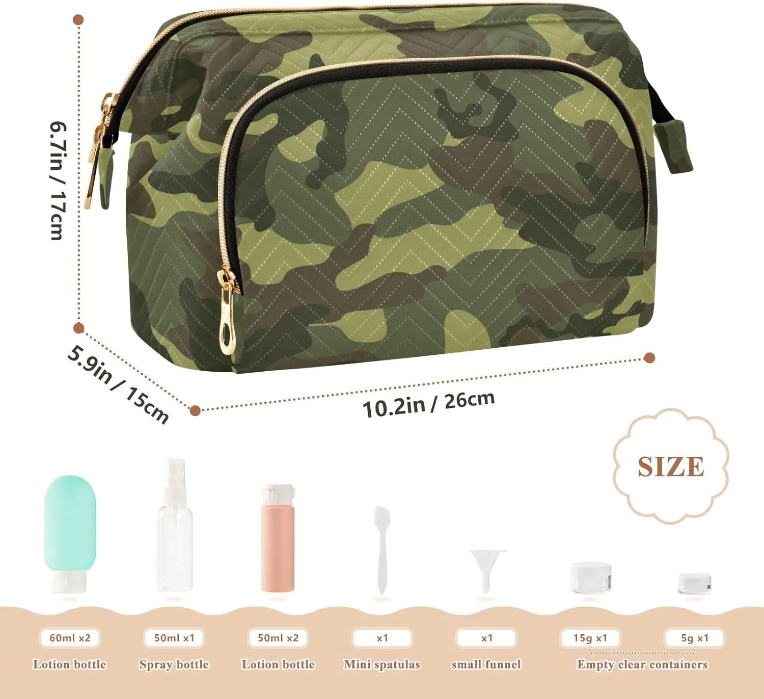 Women Wave Quilt Cosmetic Bag, Storage Pouch Handbag Makeup Case Zipper Toiletry Purse Holder Organizer 10.2x5.9x6.7 in Abstract Green Camouflage Texture