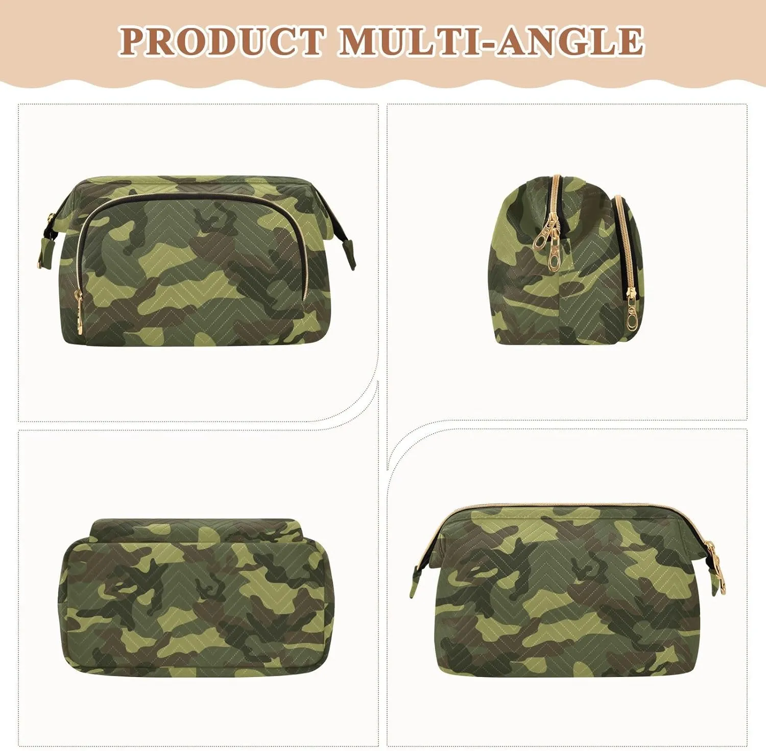 Women Wave Quilt Cosmetic Bag, Storage Pouch Handbag Makeup Case Zipper Toiletry Purse Holder Organizer 10.2x5.9x6.7 in Abstract Green Camouflage Texture