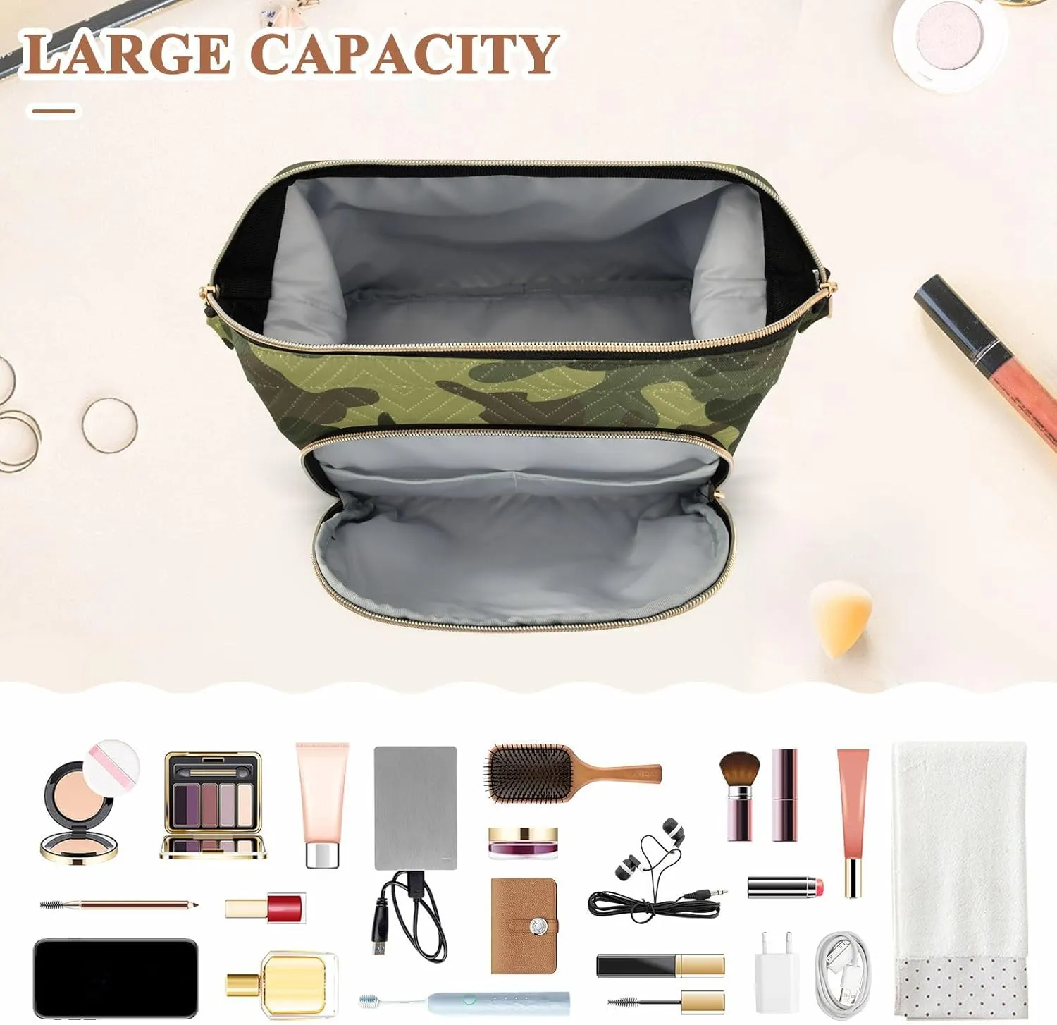 Women Wave Quilt Cosmetic Bag, Storage Pouch Handbag Makeup Case Zipper Toiletry Purse Holder Organizer 10.2x5.9x6.7 in Abstract Green Camouflage Texture