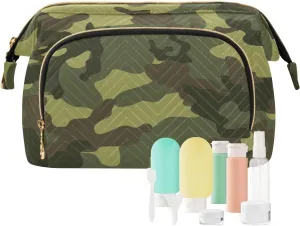 Women Wave Quilt Cosmetic Bag, Storage Pouch Handbag Makeup Case Zipper Toiletry Purse Holder Organizer 10.2x5.9x6.7 in Abstract Green Camouflage Texture