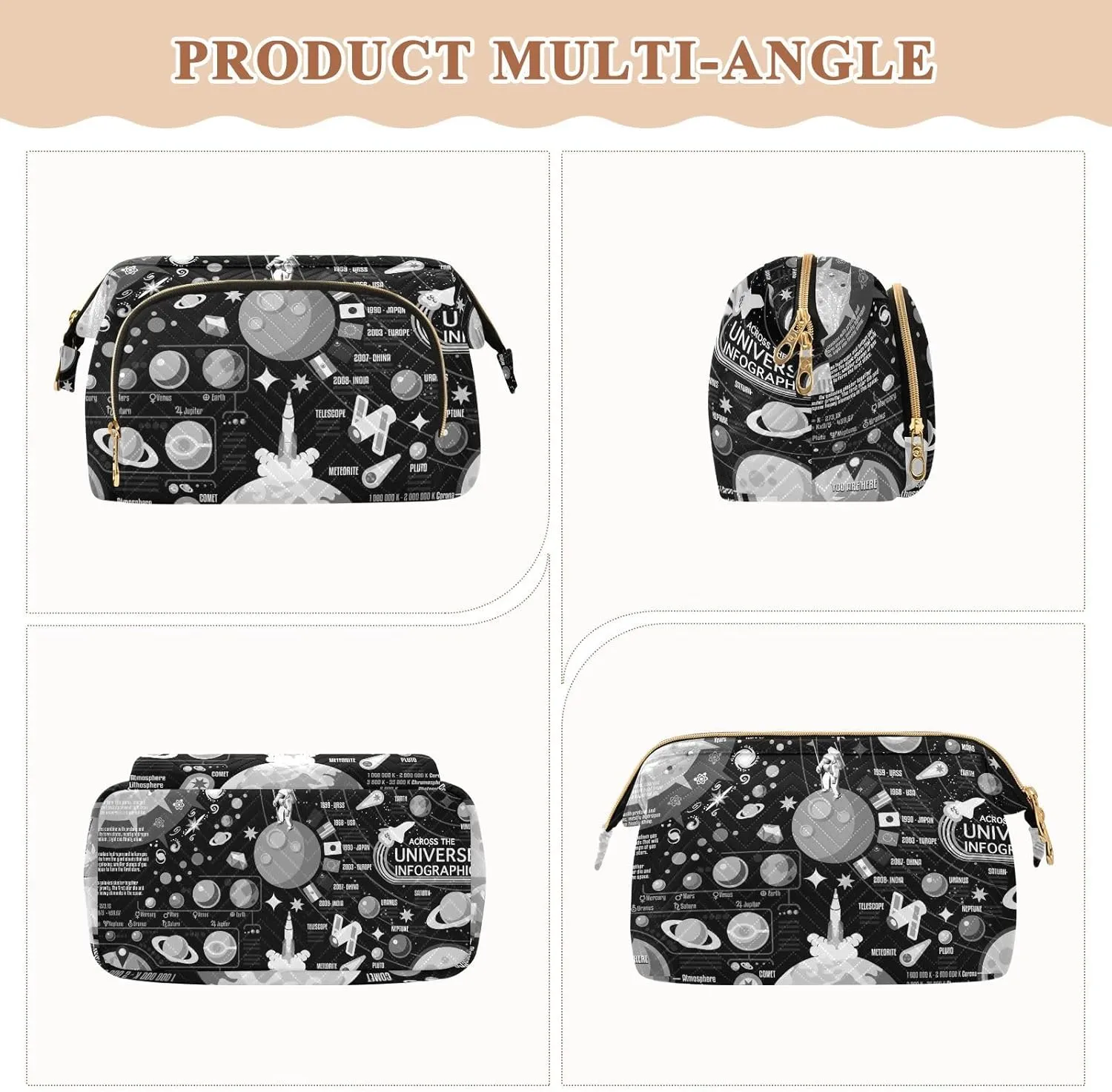 Women Wave Quilt Cosmetic Bag, Storage Pouch Handbag Makeup Case Zipper Toiletry Purse Holder Organizer 10.2x5.9x6.7 in Black White Cosmic Space Galaxy Planets Pluto Venus Mars Jupiter