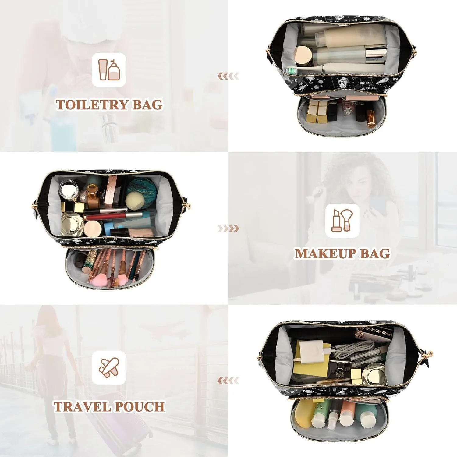 Women Wave Quilt Cosmetic Bag, Storage Pouch Handbag Makeup Case Zipper Toiletry Purse Holder Organizer 10.2x5.9x6.7 in Black White Cosmic Space Galaxy Planets Pluto Venus Mars Jupiter