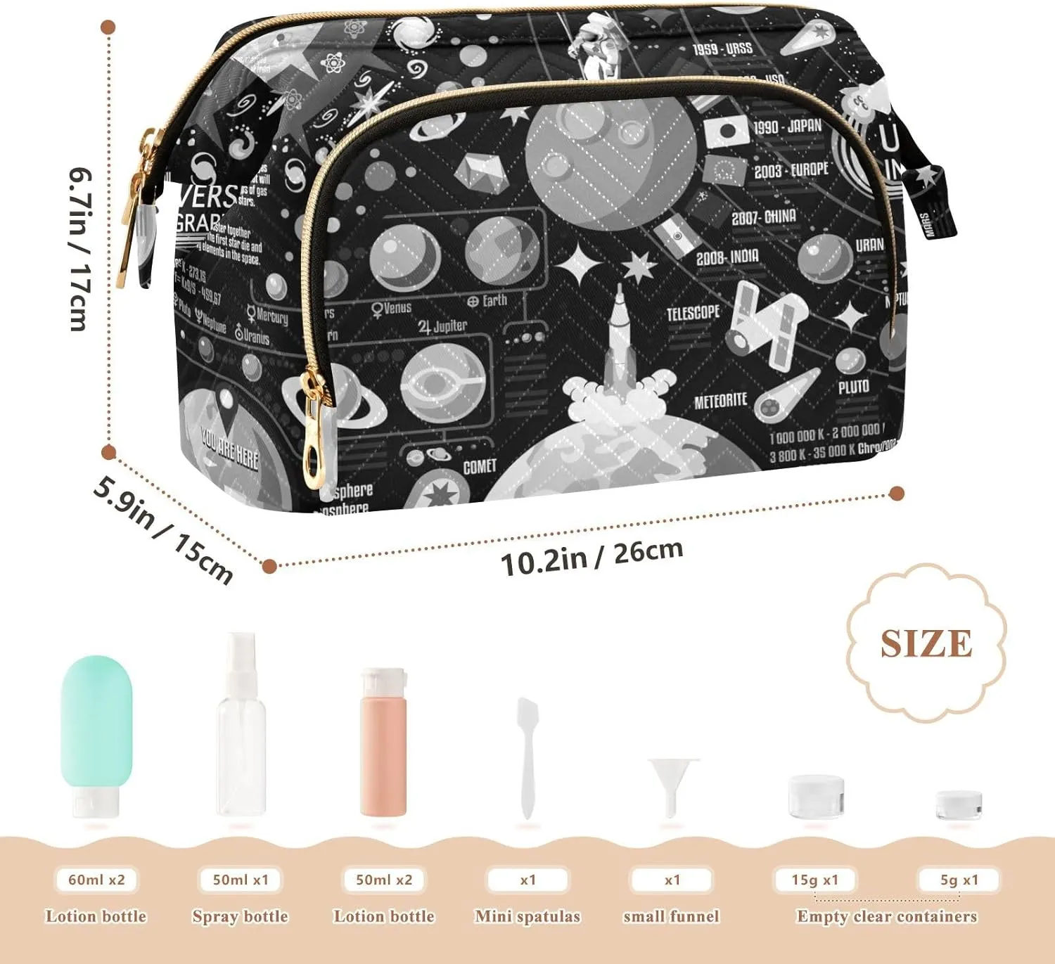 Women Wave Quilt Cosmetic Bag, Storage Pouch Handbag Makeup Case Zipper Toiletry Purse Holder Organizer 10.2x5.9x6.7 in Black White Cosmic Space Galaxy Planets Pluto Venus Mars Jupiter