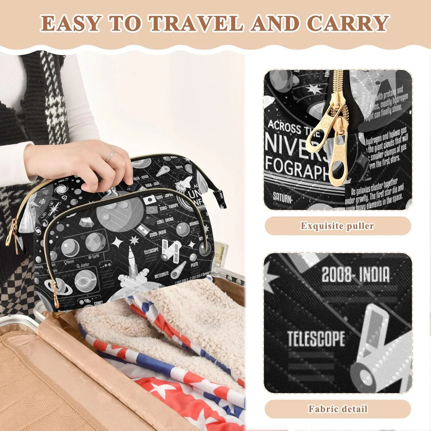 Women Wave Quilt Cosmetic Bag, Storage Pouch Handbag Makeup Case Zipper Toiletry Purse Holder Organizer 10.2x5.9x6.7 in Black White Cosmic Space Galaxy Planets Pluto Venus Mars Jupiter