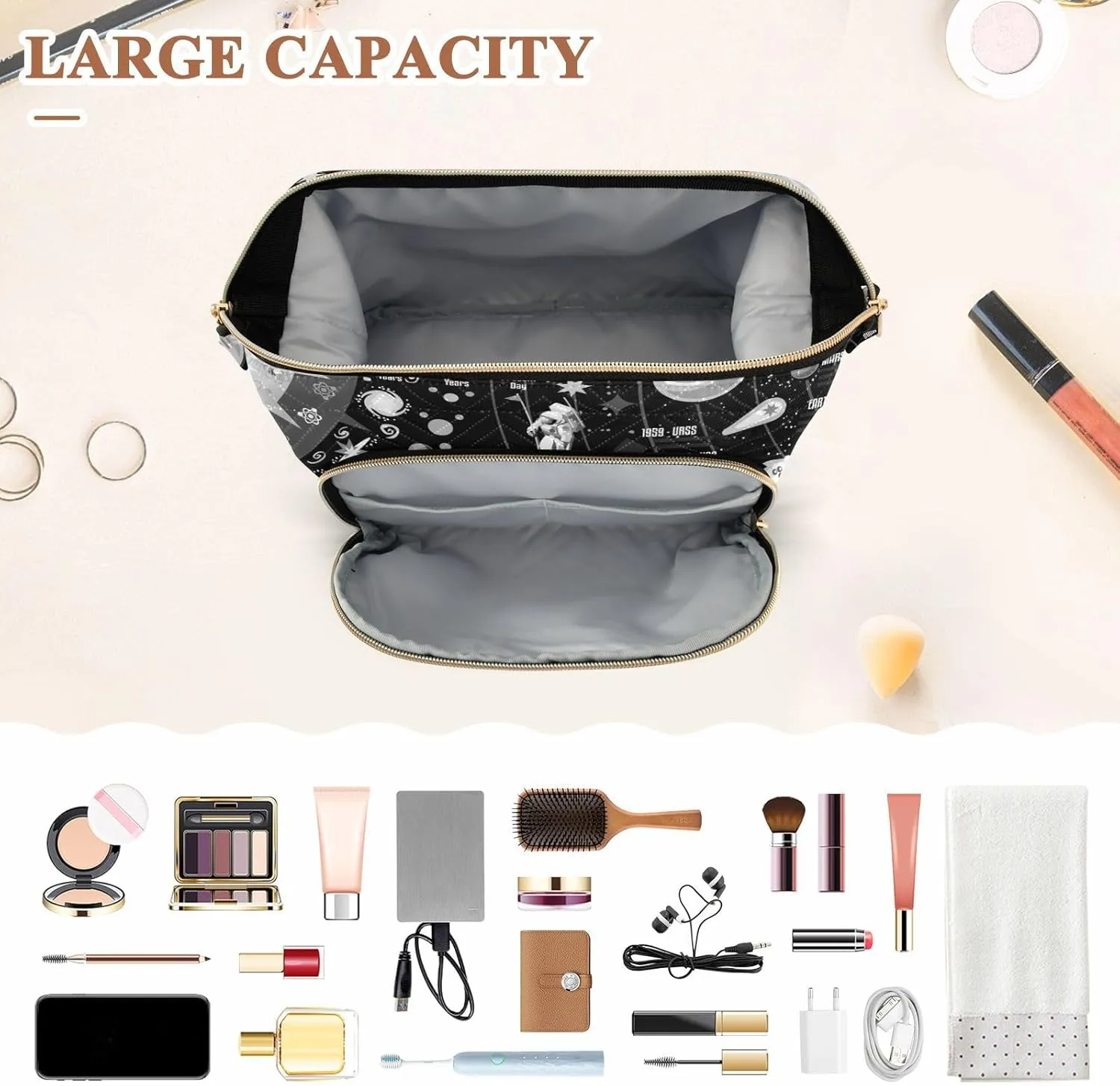 Women Wave Quilt Cosmetic Bag, Storage Pouch Handbag Makeup Case Zipper Toiletry Purse Holder Organizer 10.2x5.9x6.7 in Black White Cosmic Space Galaxy Planets Pluto Venus Mars Jupiter