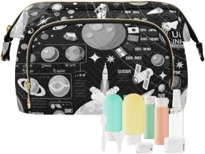 Women Wave Quilt Cosmetic Bag, Storage Pouch Handbag Makeup Case Zipper Toiletry Purse Holder Organizer 10.2x5.9x6.7 in Black White Cosmic Space Galaxy Planets Pluto Venus Mars Jupiter