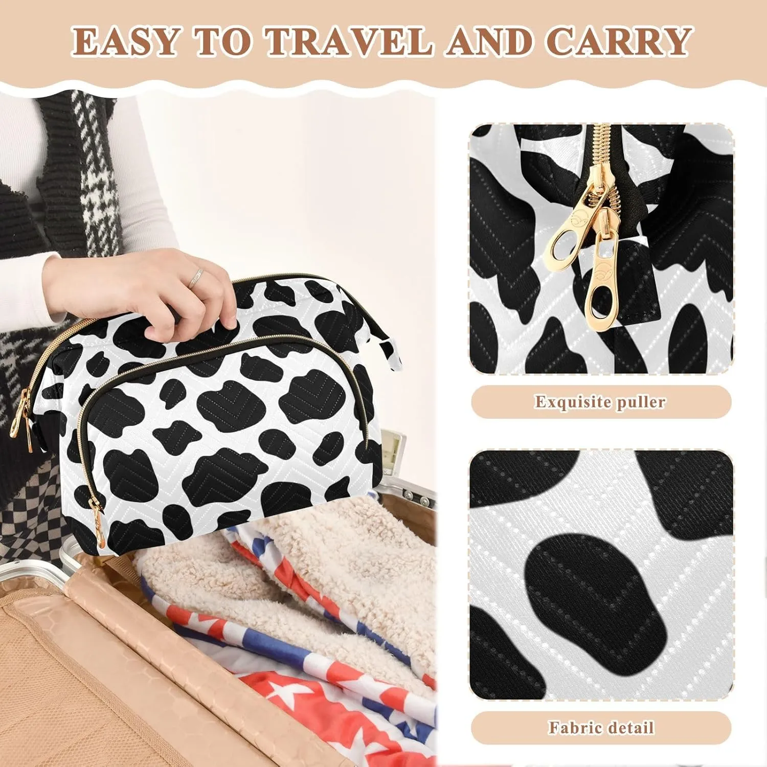 Women Wave Quilt Cosmetic Bag, Storage Pouch Handbag Makeup Case Zipper Toiletry Purse Holder Organizer 10.2x5.9x6.7 in Cow Skin Animal Texture Seamless Black Dots Spots Stains on White