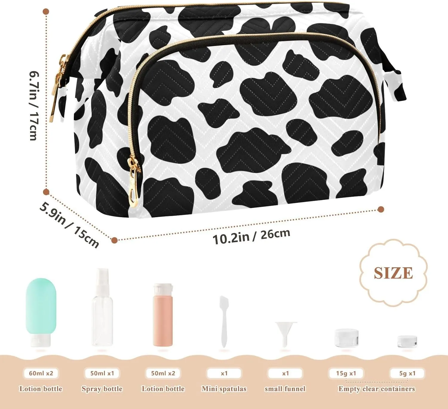 Women Wave Quilt Cosmetic Bag, Storage Pouch Handbag Makeup Case Zipper Toiletry Purse Holder Organizer 10.2x5.9x6.7 in Cow Skin Animal Texture Seamless Black Dots Spots Stains on White