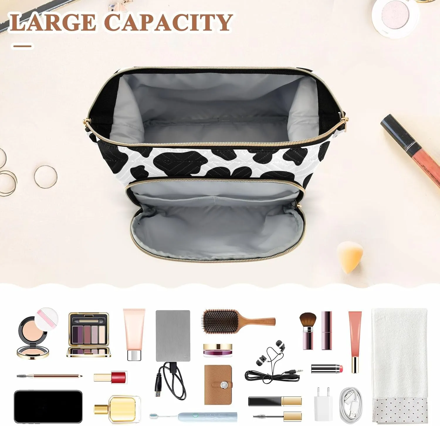 Women Wave Quilt Cosmetic Bag, Storage Pouch Handbag Makeup Case Zipper Toiletry Purse Holder Organizer 10.2x5.9x6.7 in Cow Skin Animal Texture Seamless Black Dots Spots Stains on White