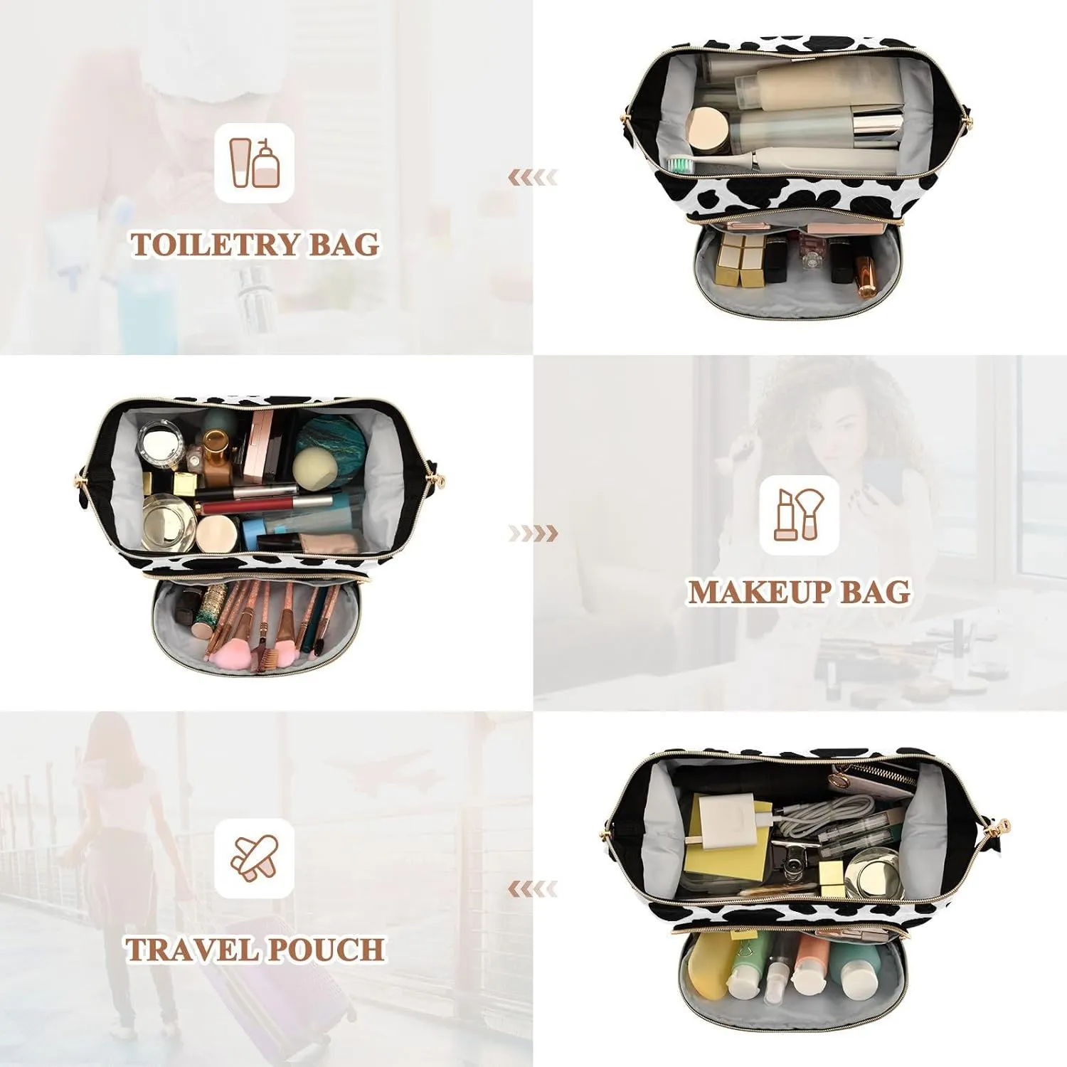 Women Wave Quilt Cosmetic Bag, Storage Pouch Handbag Makeup Case Zipper Toiletry Purse Holder Organizer 10.2x5.9x6.7 in Cow Skin Animal Texture Seamless Black Dots Spots Stains on White