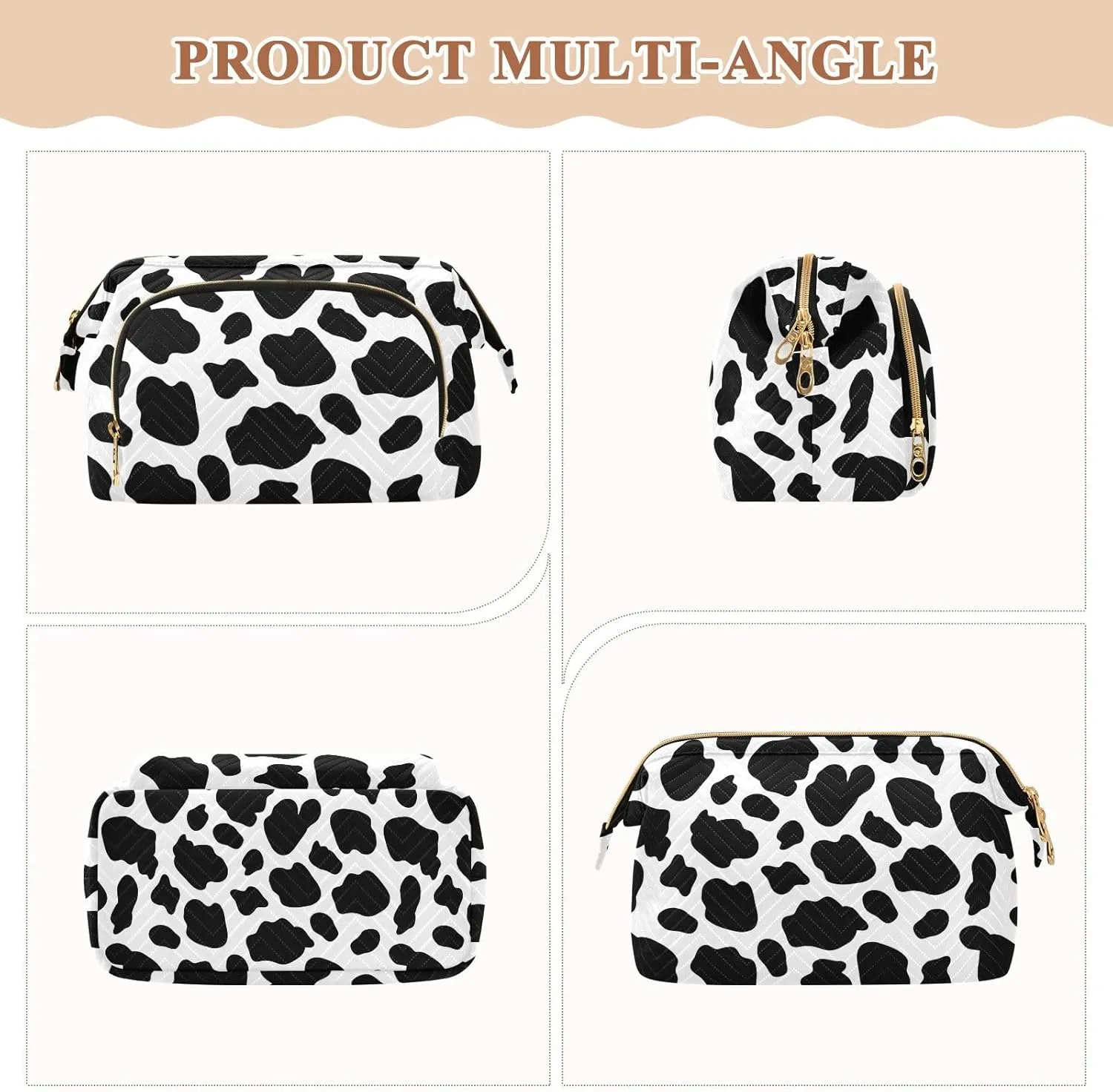 Women Wave Quilt Cosmetic Bag, Storage Pouch Handbag Makeup Case Zipper Toiletry Purse Holder Organizer 10.2x5.9x6.7 in Cow Skin Animal Texture Seamless Black Dots Spots Stains on White