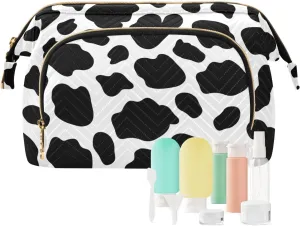 Women Wave Quilt Cosmetic Bag, Storage Pouch Handbag Makeup Case Zipper Toiletry Purse Holder Organizer 10.2x5.9x6.7 in Cow Skin Animal Texture Seamless Black Dots Spots Stains on White
