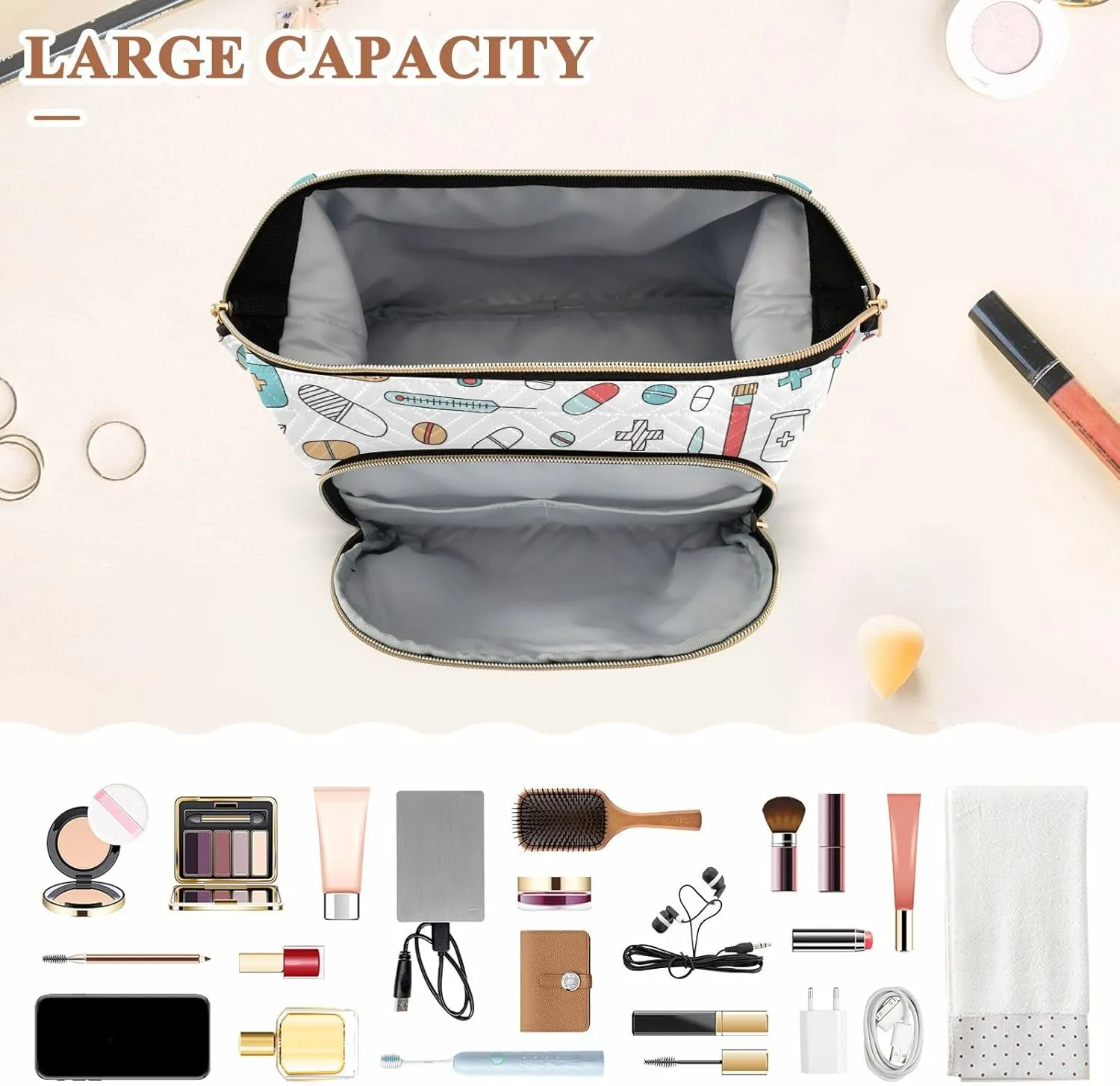 Women Wave Quilt Cosmetic Bag, Storage Pouch Handbag Makeup Case Zipper Toiletry Purse Holder Organizer 10.2x5.9x6.7 in Medical Medicine Research Pills Needles Heart Blood on White