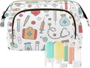Women Wave Quilt Cosmetic Bag, Storage Pouch Handbag Makeup Case Zipper Toiletry Purse Holder Organizer 10.2x5.9x6.7 in Medical Medicine Research Pills Needles Heart Blood on White