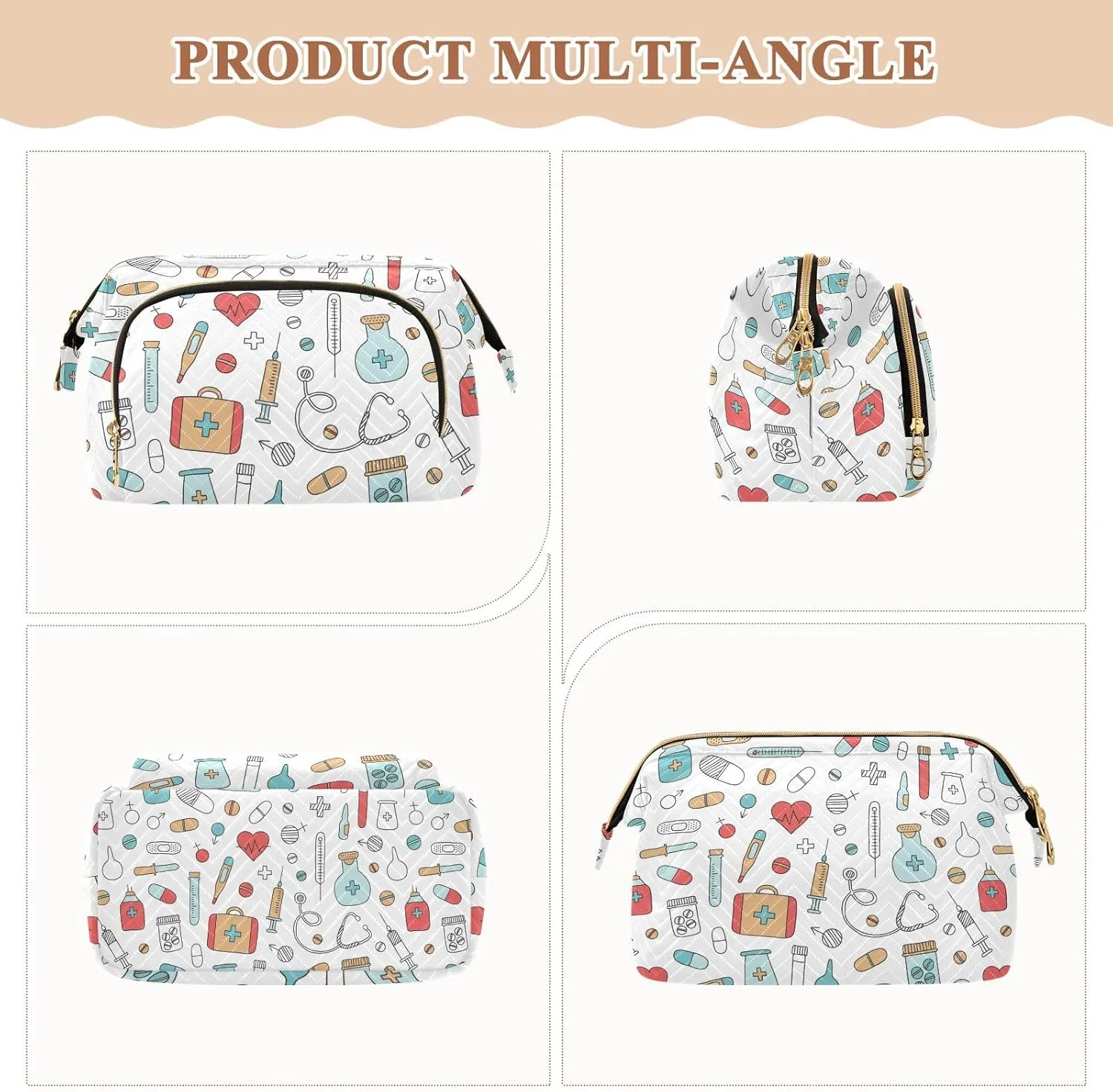 Women Wave Quilt Cosmetic Bag, Storage Pouch Handbag Makeup Case Zipper Toiletry Purse Holder Organizer 10.2x5.9x6.7 in Medical Medicine Research Pills Needles Heart Blood on White