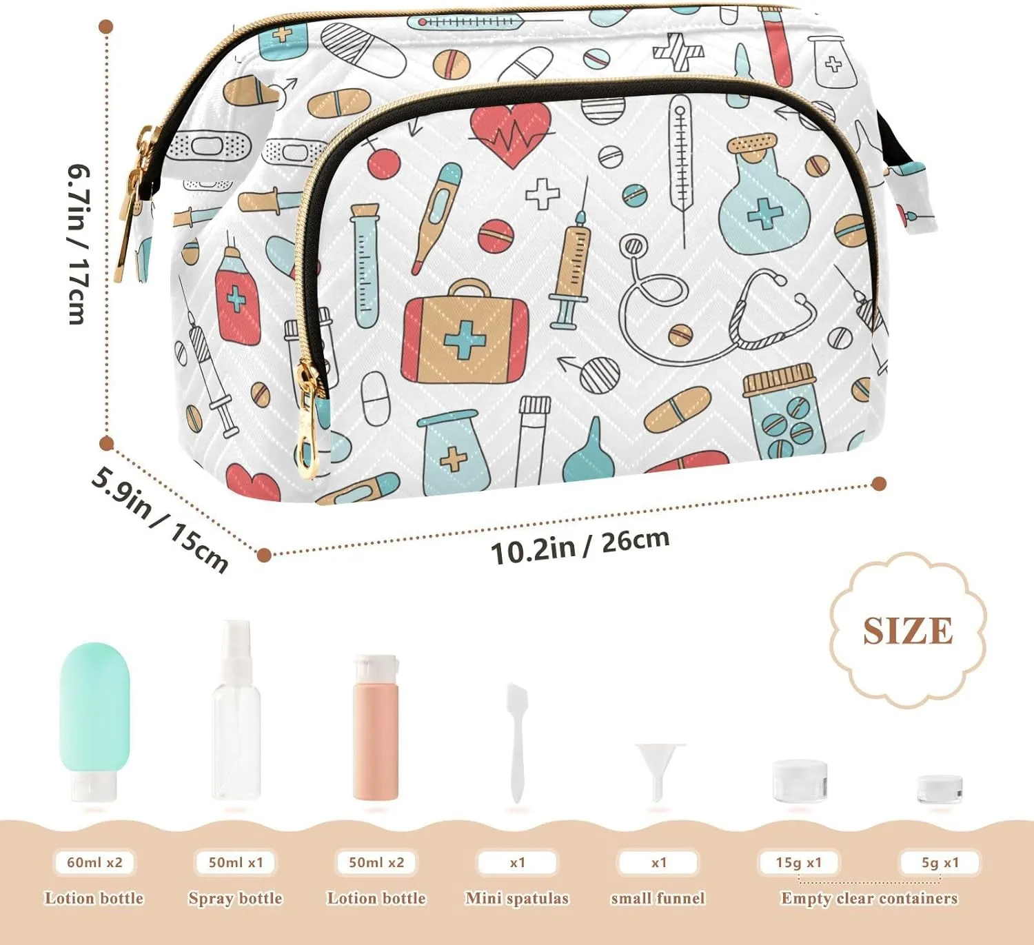 Women Wave Quilt Cosmetic Bag, Storage Pouch Handbag Makeup Case Zipper Toiletry Purse Holder Organizer 10.2x5.9x6.7 in Medical Medicine Research Pills Needles Heart Blood on White