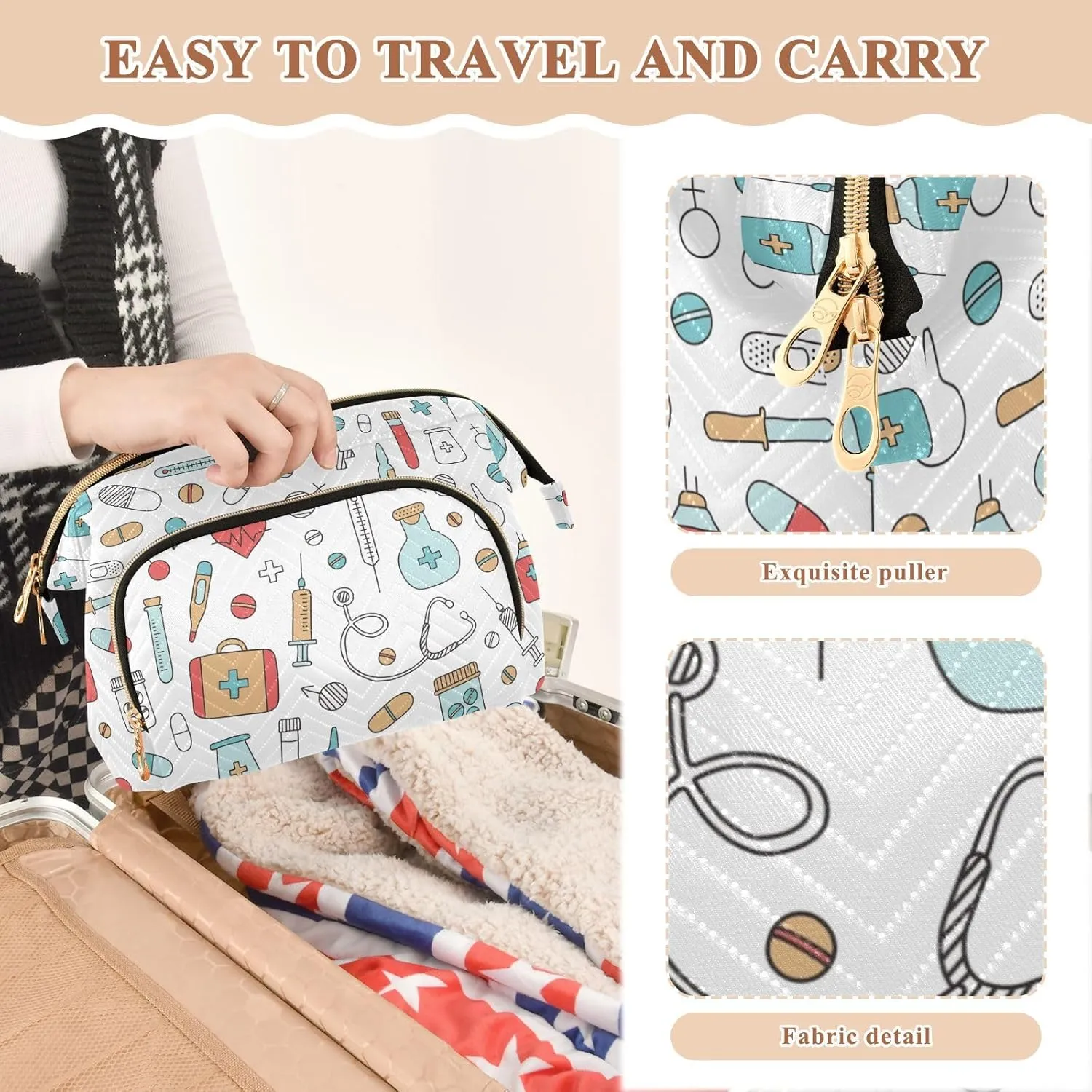 Women Wave Quilt Cosmetic Bag, Storage Pouch Handbag Makeup Case Zipper Toiletry Purse Holder Organizer 10.2x5.9x6.7 in Medical Medicine Research Pills Needles Heart Blood on White