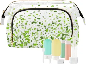 Women Wave Quilt Cosmetic Bag, Storage Pouch Handbag Makeup Case Zipper Toiletry Purse Holder Organizer 10.2x5.9x6.7 in Mint Leaf Tea Leaves Falling Green Leaves Swamp Leaves on White