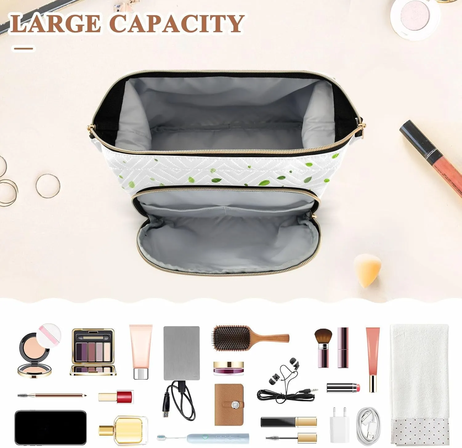 Women Wave Quilt Cosmetic Bag, Storage Pouch Handbag Makeup Case Zipper Toiletry Purse Holder Organizer 10.2x5.9x6.7 in Mint Leaf Tea Leaves Falling Green Leaves Swamp Leaves on White