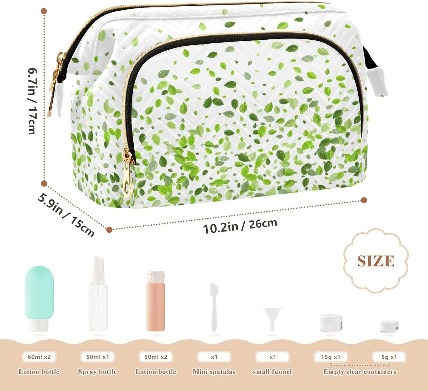 Women Wave Quilt Cosmetic Bag, Storage Pouch Handbag Makeup Case Zipper Toiletry Purse Holder Organizer 10.2x5.9x6.7 in Mint Leaf Tea Leaves Falling Green Leaves Swamp Leaves on White