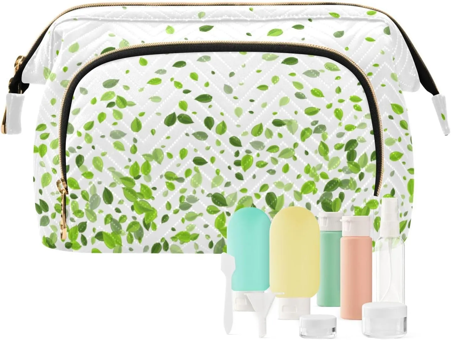 Women Wave Quilt Cosmetic Bag, Storage Pouch Handbag Makeup Case Zipper Toiletry Purse Holder Organizer 10.2x5.9x6.7 in Mint Leaf Tea Leaves Falling Green Leaves Swamp Leaves on White