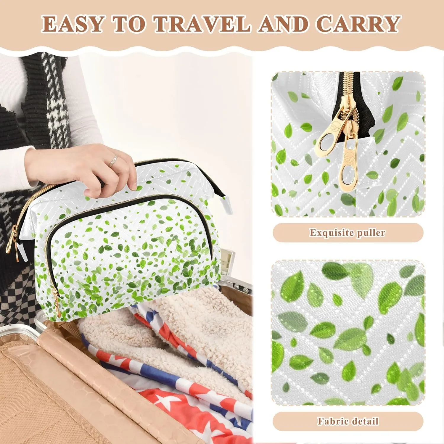Women Wave Quilt Cosmetic Bag, Storage Pouch Handbag Makeup Case Zipper Toiletry Purse Holder Organizer 10.2x5.9x6.7 in Mint Leaf Tea Leaves Falling Green Leaves Swamp Leaves on White