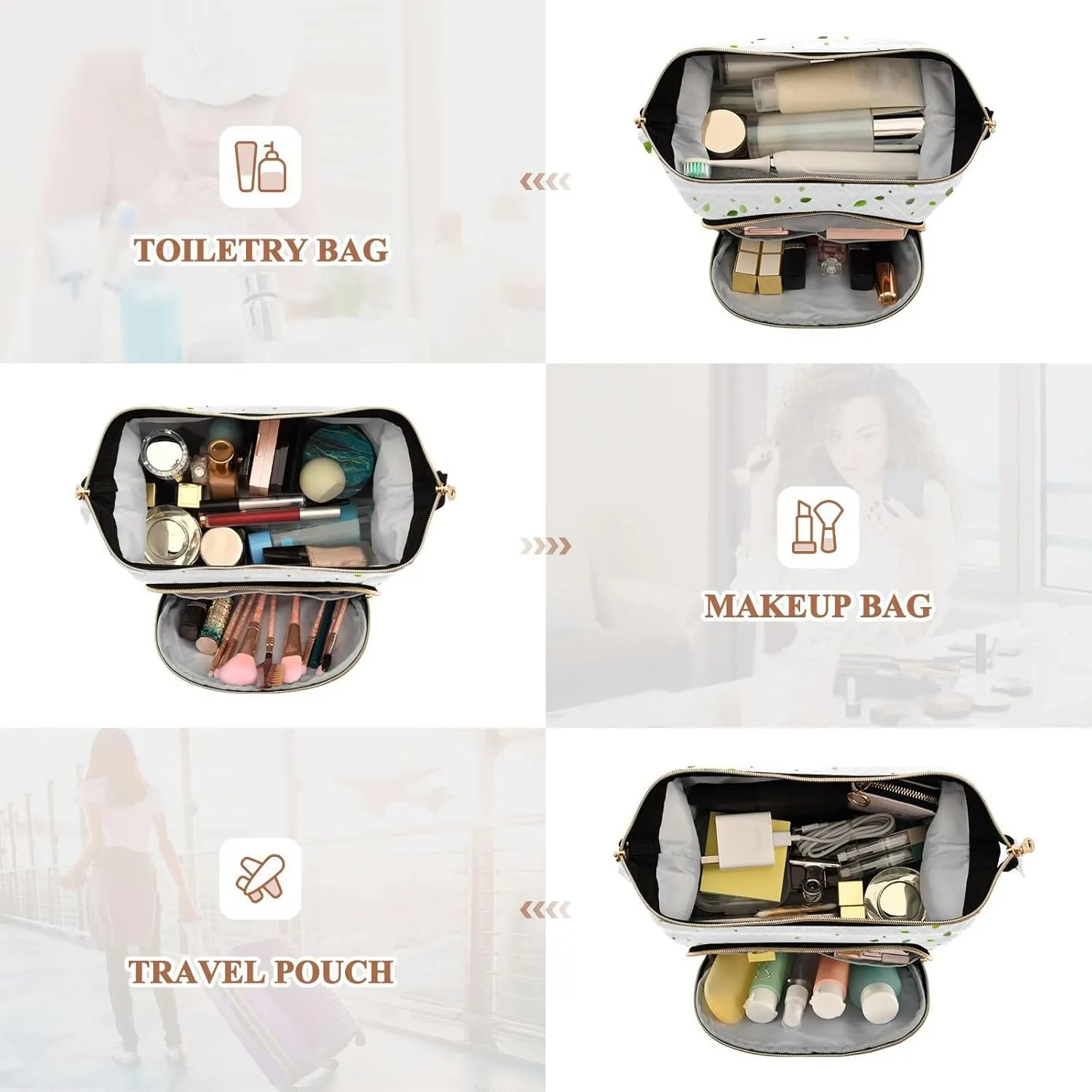 Women Wave Quilt Cosmetic Bag, Storage Pouch Handbag Makeup Case Zipper Toiletry Purse Holder Organizer 10.2x5.9x6.7 in Mint Leaf Tea Leaves Falling Green Leaves Swamp Leaves on White