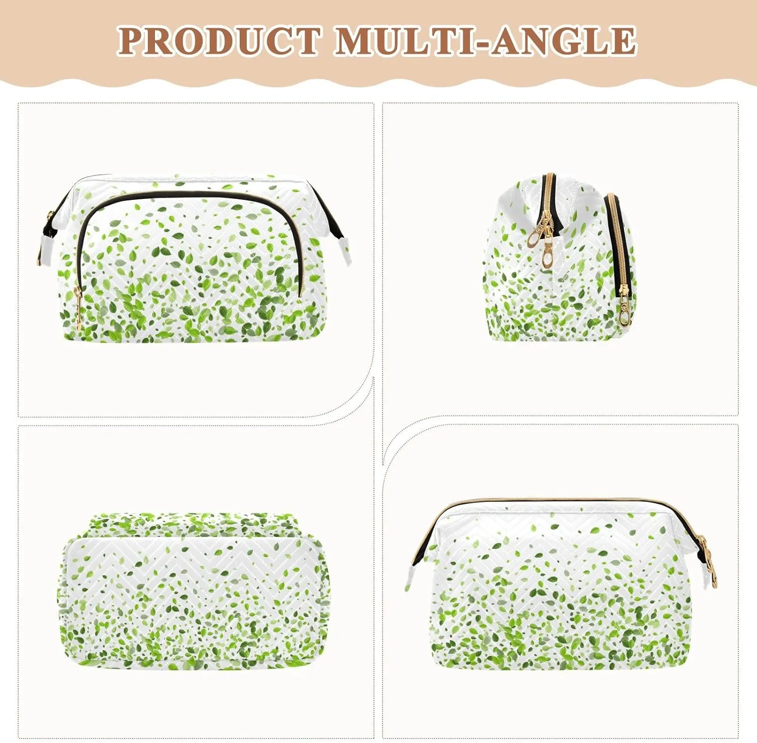 Women Wave Quilt Cosmetic Bag, Storage Pouch Handbag Makeup Case Zipper Toiletry Purse Holder Organizer 10.2x5.9x6.7 in Mint Leaf Tea Leaves Falling Green Leaves Swamp Leaves on White