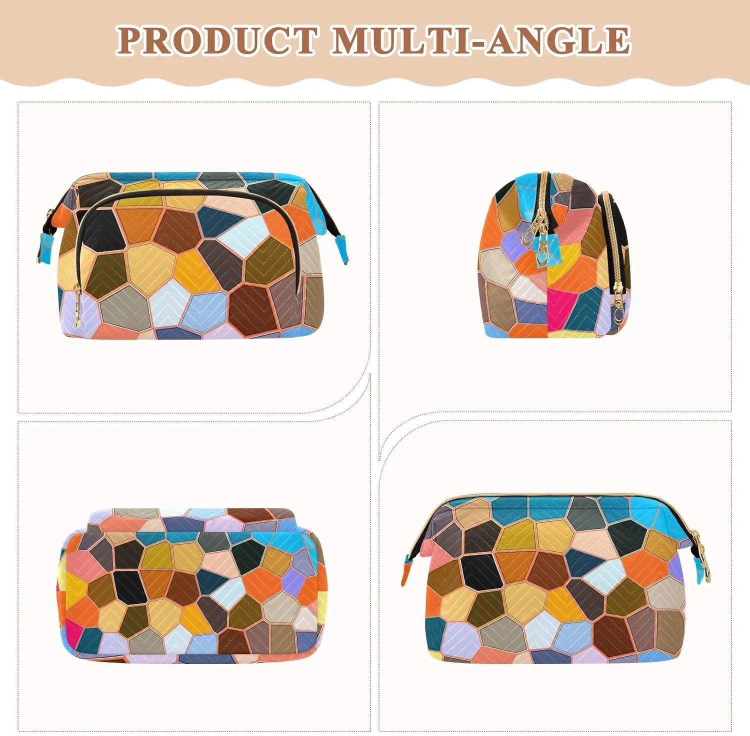 Women Wave Quilt Cosmetic Bag, Storage Pouch Handbag Makeup Case Zipper Toiletry Purse Holder Organizer 10.2x5.9x6.7 in Modern Mosaic Abstract Geometric Texture Backdrop Textiles