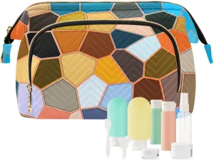 Women Wave Quilt Cosmetic Bag, Storage Pouch Handbag Makeup Case Zipper Toiletry Purse Holder Organizer 10.2x5.9x6.7 in Modern Mosaic Abstract Geometric Texture Backdrop Textiles