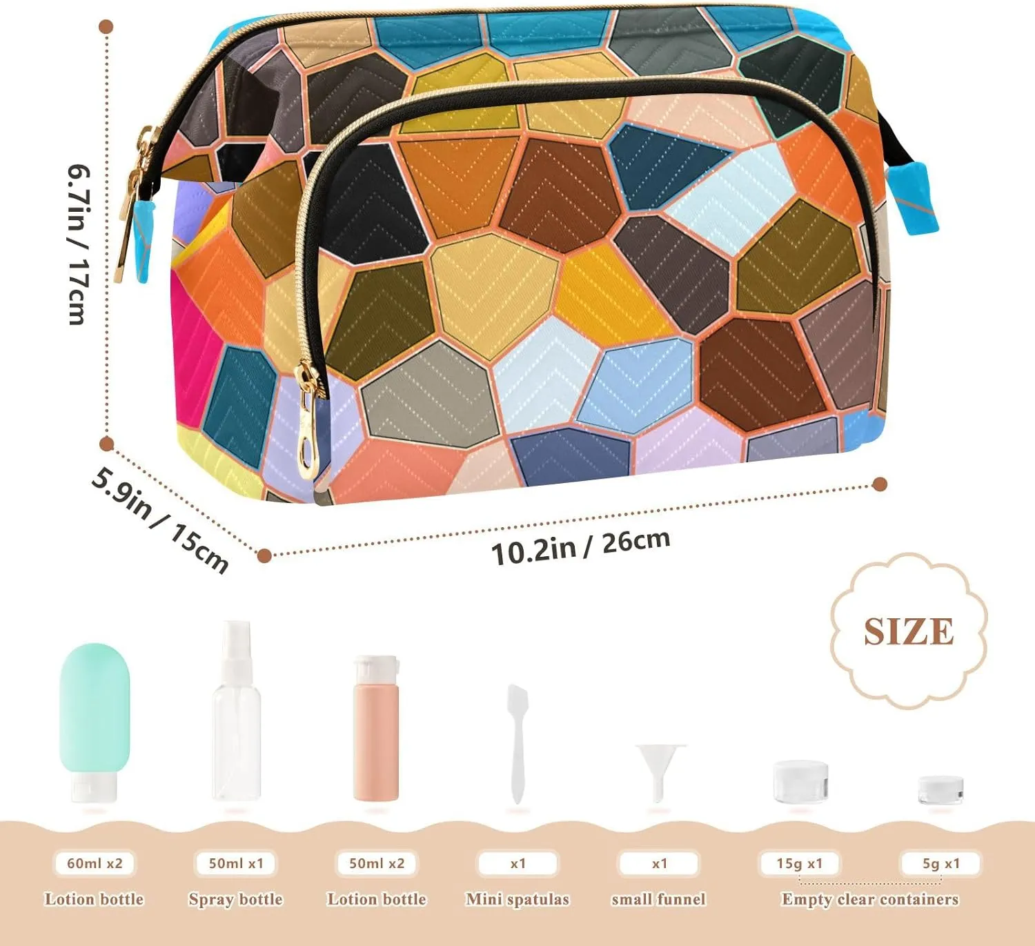 Women Wave Quilt Cosmetic Bag, Storage Pouch Handbag Makeup Case Zipper Toiletry Purse Holder Organizer 10.2x5.9x6.7 in Modern Mosaic Abstract Geometric Texture Backdrop Textiles