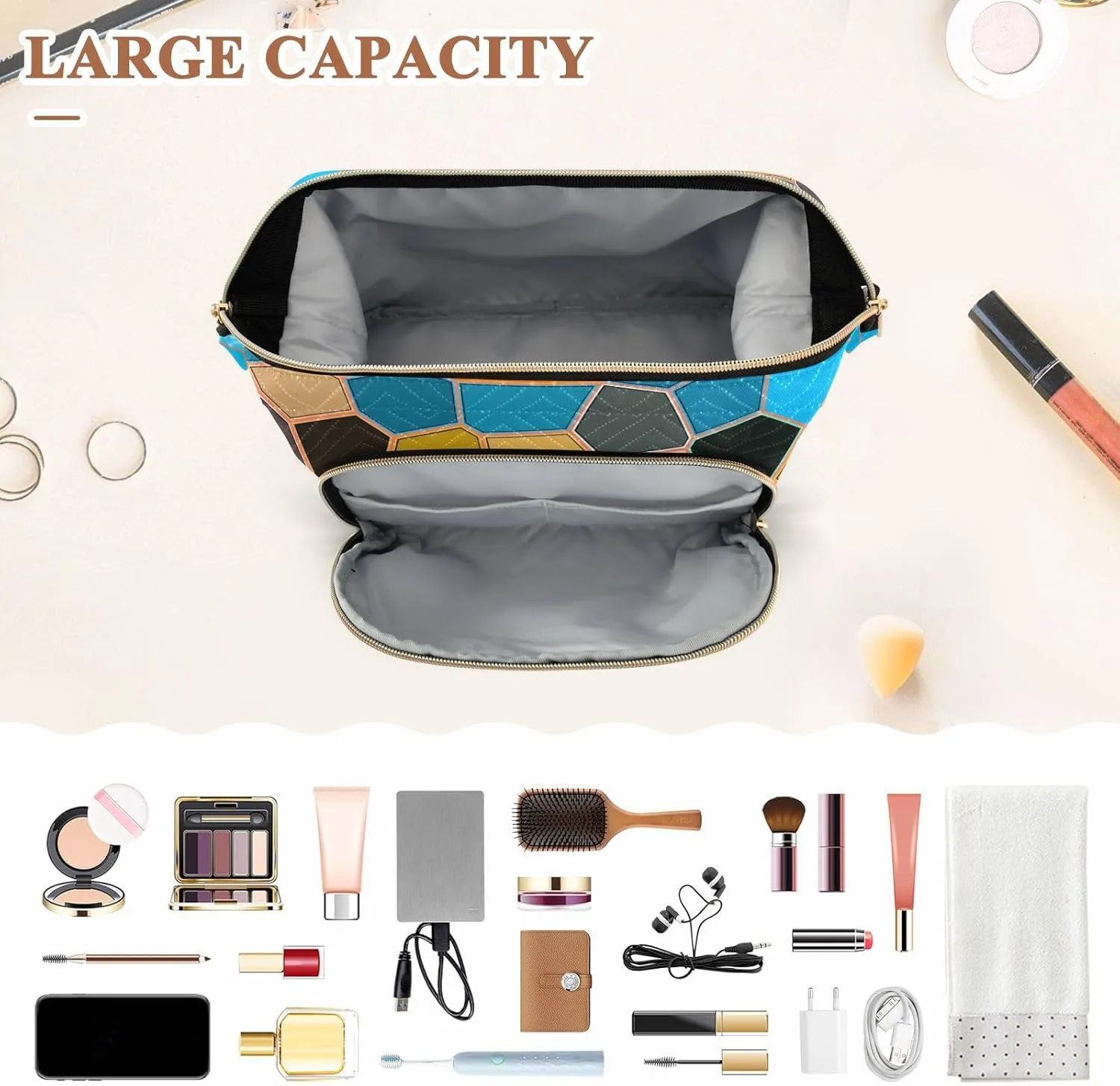 Women Wave Quilt Cosmetic Bag, Storage Pouch Handbag Makeup Case Zipper Toiletry Purse Holder Organizer 10.2x5.9x6.7 in Modern Mosaic Abstract Geometric Texture Backdrop Textiles