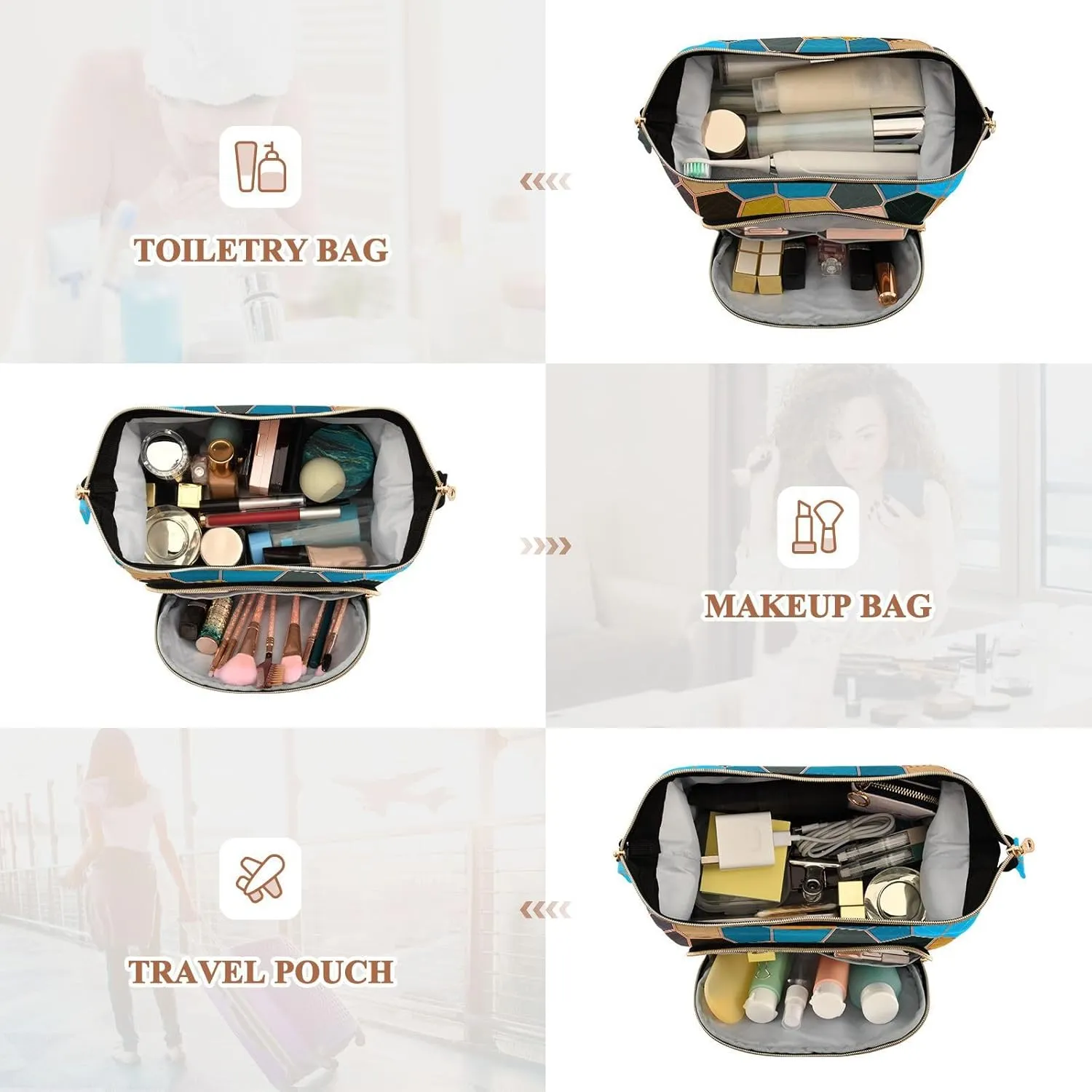 Women Wave Quilt Cosmetic Bag, Storage Pouch Handbag Makeup Case Zipper Toiletry Purse Holder Organizer 10.2x5.9x6.7 in Modern Mosaic Abstract Geometric Texture Backdrop Textiles