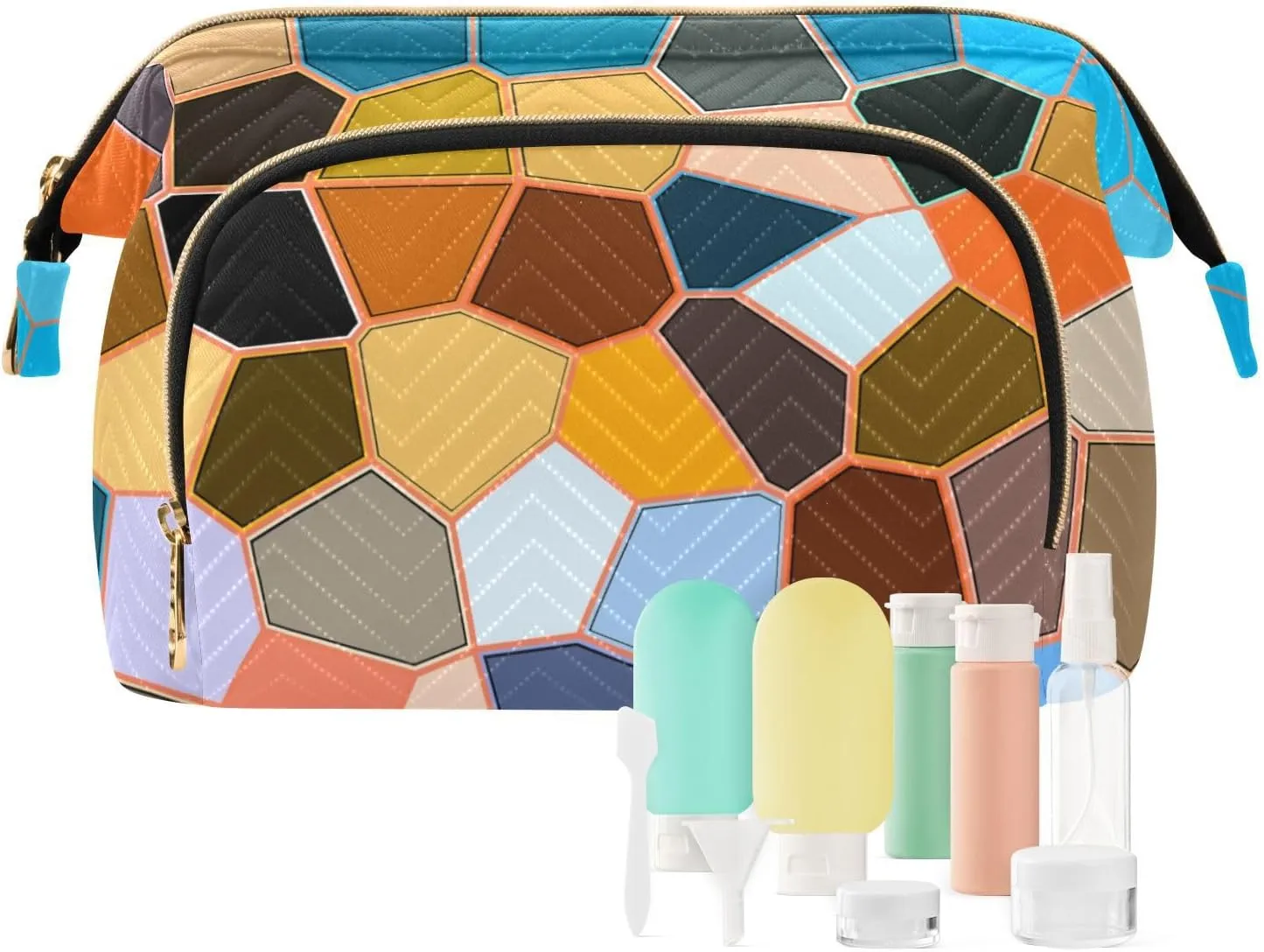 Women Wave Quilt Cosmetic Bag, Storage Pouch Handbag Makeup Case Zipper Toiletry Purse Holder Organizer 10.2x5.9x6.7 in Modern Mosaic Abstract Geometric Texture Backdrop Textiles