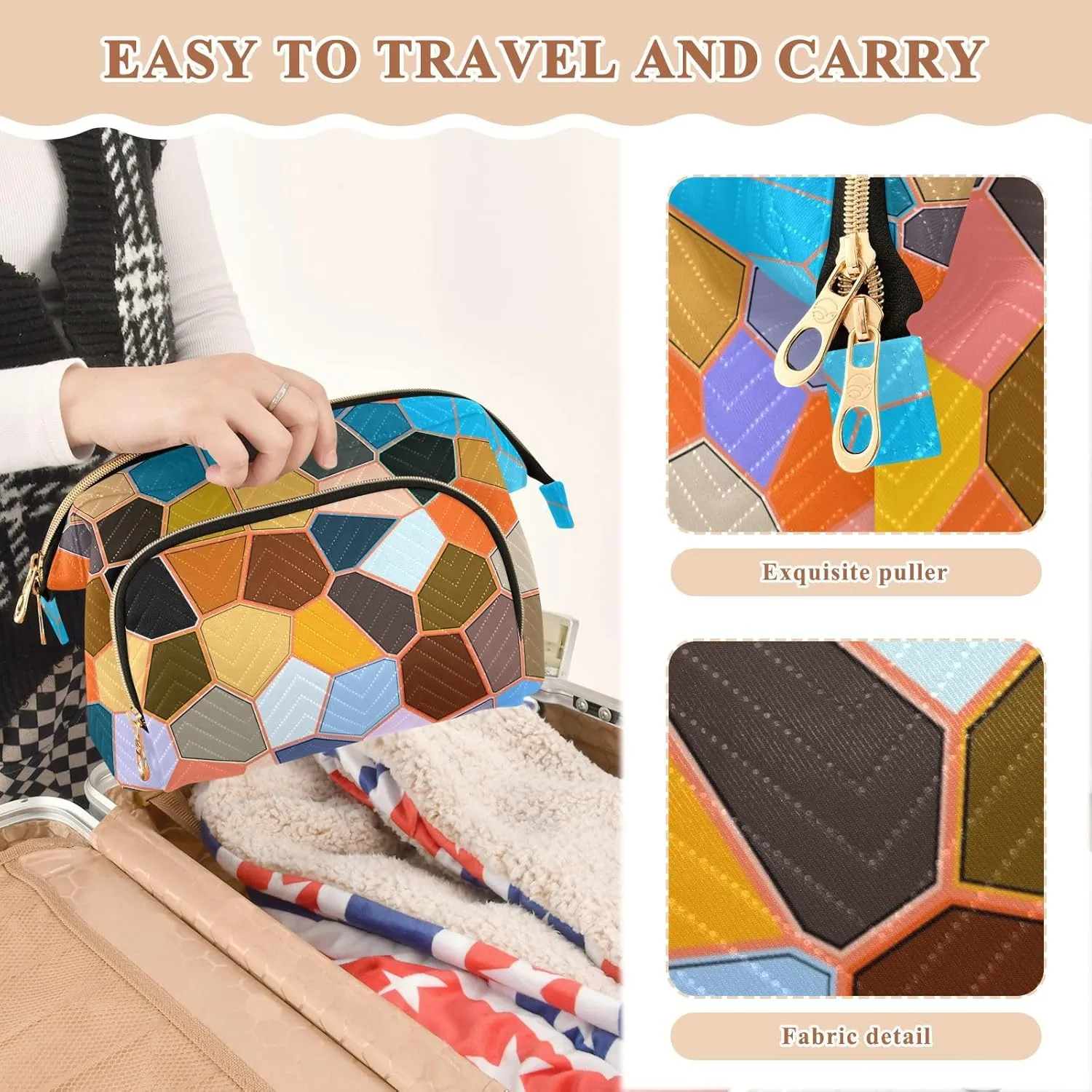 Women Wave Quilt Cosmetic Bag, Storage Pouch Handbag Makeup Case Zipper Toiletry Purse Holder Organizer 10.2x5.9x6.7 in Modern Mosaic Abstract Geometric Texture Backdrop Textiles