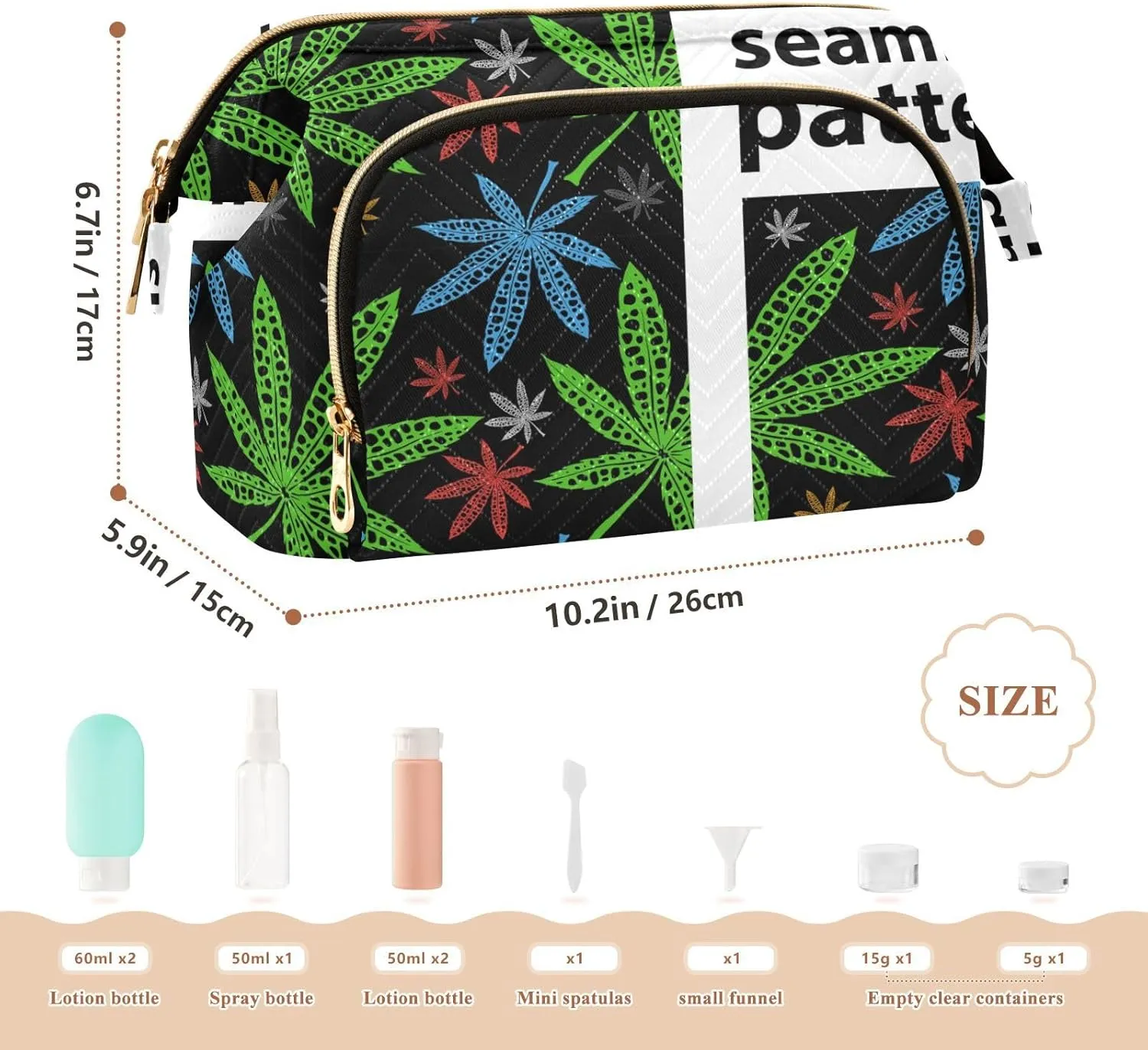 Women Wave Quilt Cosmetic Bag, Storage Pouch Handbag Makeup Case Zipper Toiletry Purse Holder Organizer 10.2x5.9x6.7 in Neon Bright Colors Abstract Liquid Ink Paint Marble Texture