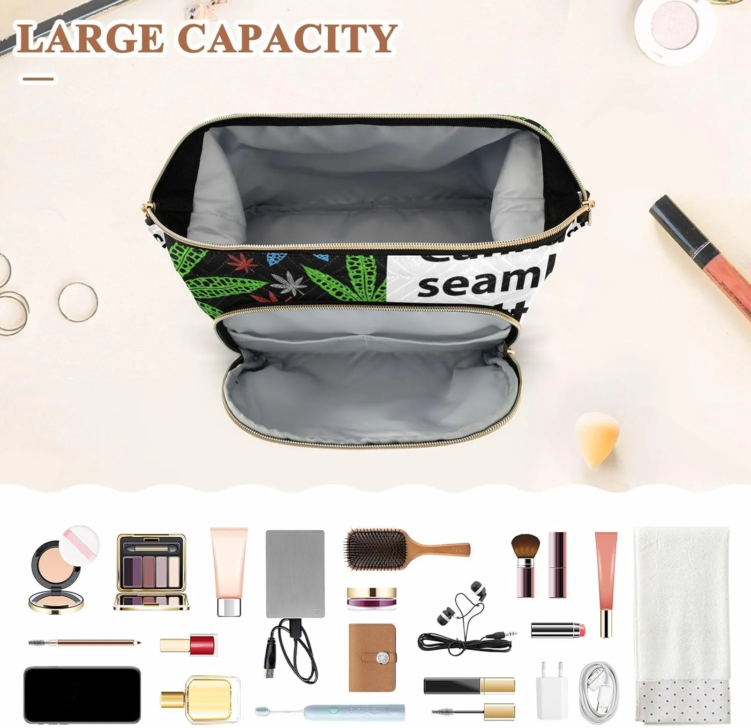 Women Wave Quilt Cosmetic Bag, Storage Pouch Handbag Makeup Case Zipper Toiletry Purse Holder Organizer 10.2x5.9x6.7 in Neon Bright Colors Abstract Liquid Ink Paint Marble Texture