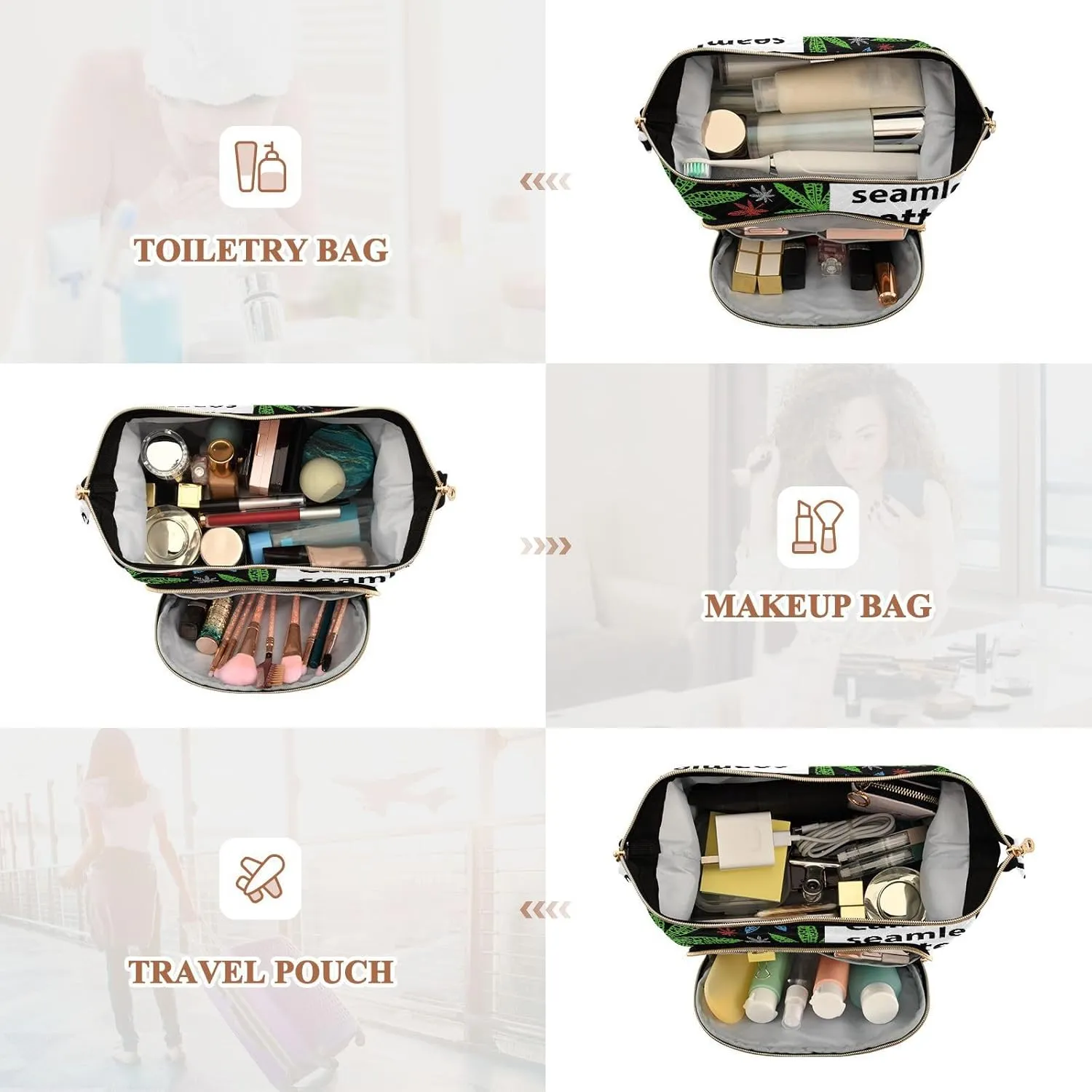 Women Wave Quilt Cosmetic Bag, Storage Pouch Handbag Makeup Case Zipper Toiletry Purse Holder Organizer 10.2x5.9x6.7 in Neon Bright Colors Abstract Liquid Ink Paint Marble Texture