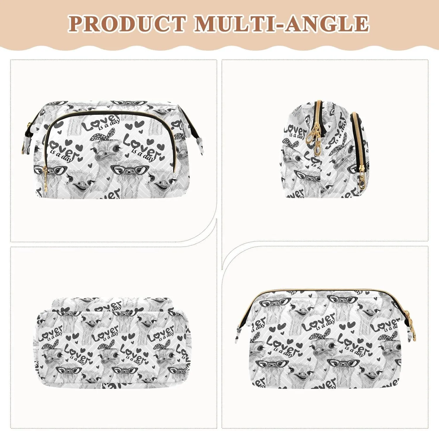 Women Wave Quilt Cosmetic Bag, Storage Pouch Handbag Makeup Case Zipper Toiletry Purse Holder Organizer 10.2x5.9x6.7 in Seamless Grey Ostriches with Glasses Hairpins, Lover is a Day