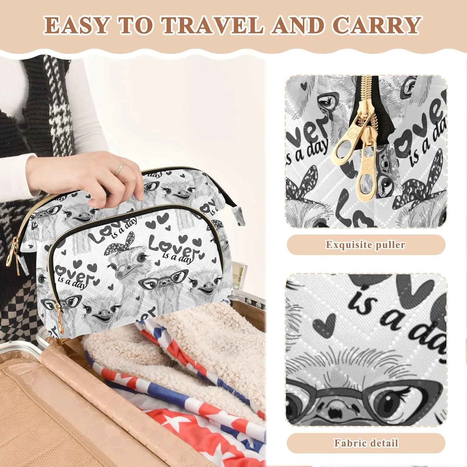 Women Wave Quilt Cosmetic Bag, Storage Pouch Handbag Makeup Case Zipper Toiletry Purse Holder Organizer 10.2x5.9x6.7 in Seamless Grey Ostriches with Glasses Hairpins, Lover is a Day