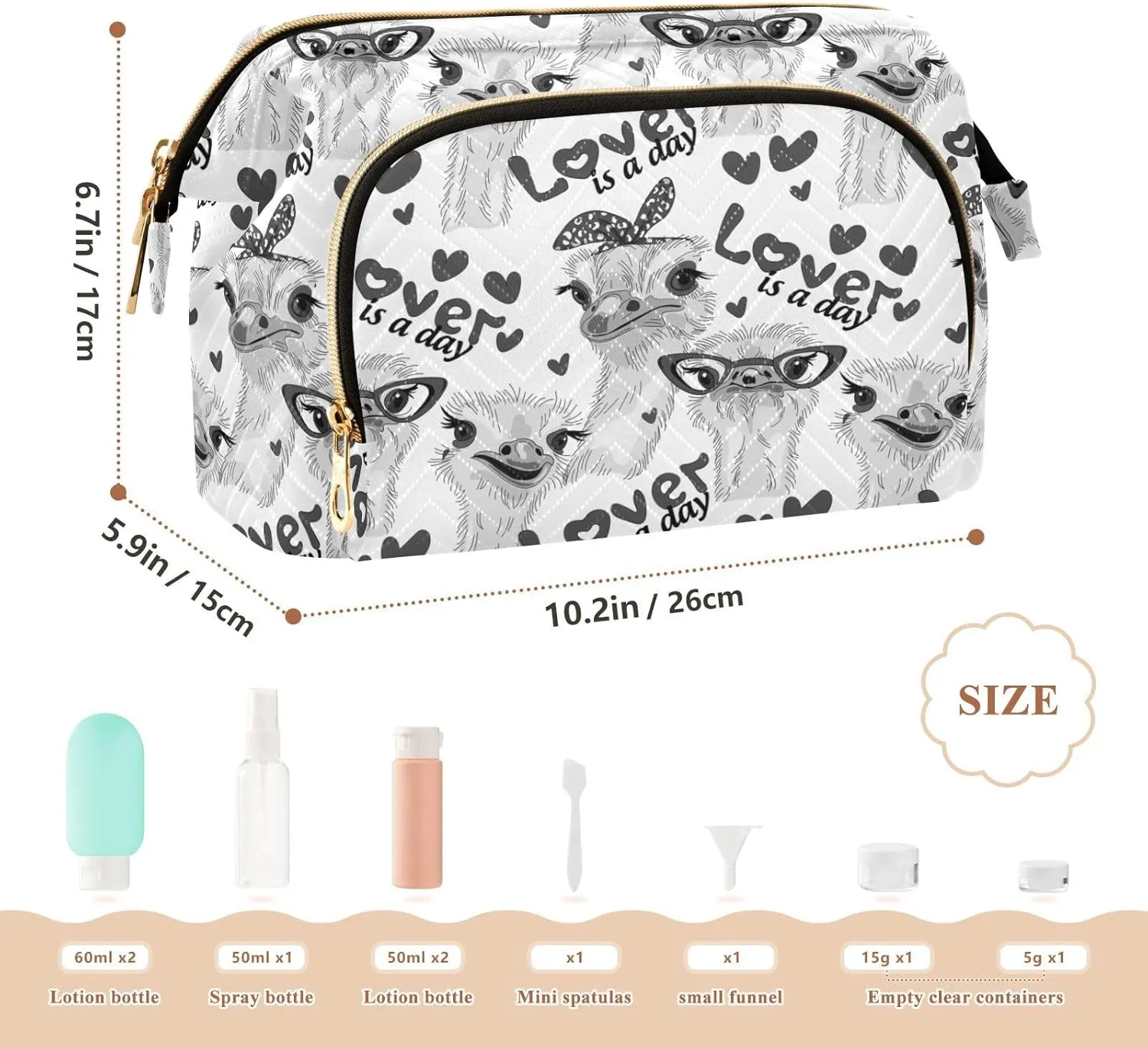 Women Wave Quilt Cosmetic Bag, Storage Pouch Handbag Makeup Case Zipper Toiletry Purse Holder Organizer 10.2x5.9x6.7 in Seamless Grey Ostriches with Glasses Hairpins, Lover is a Day