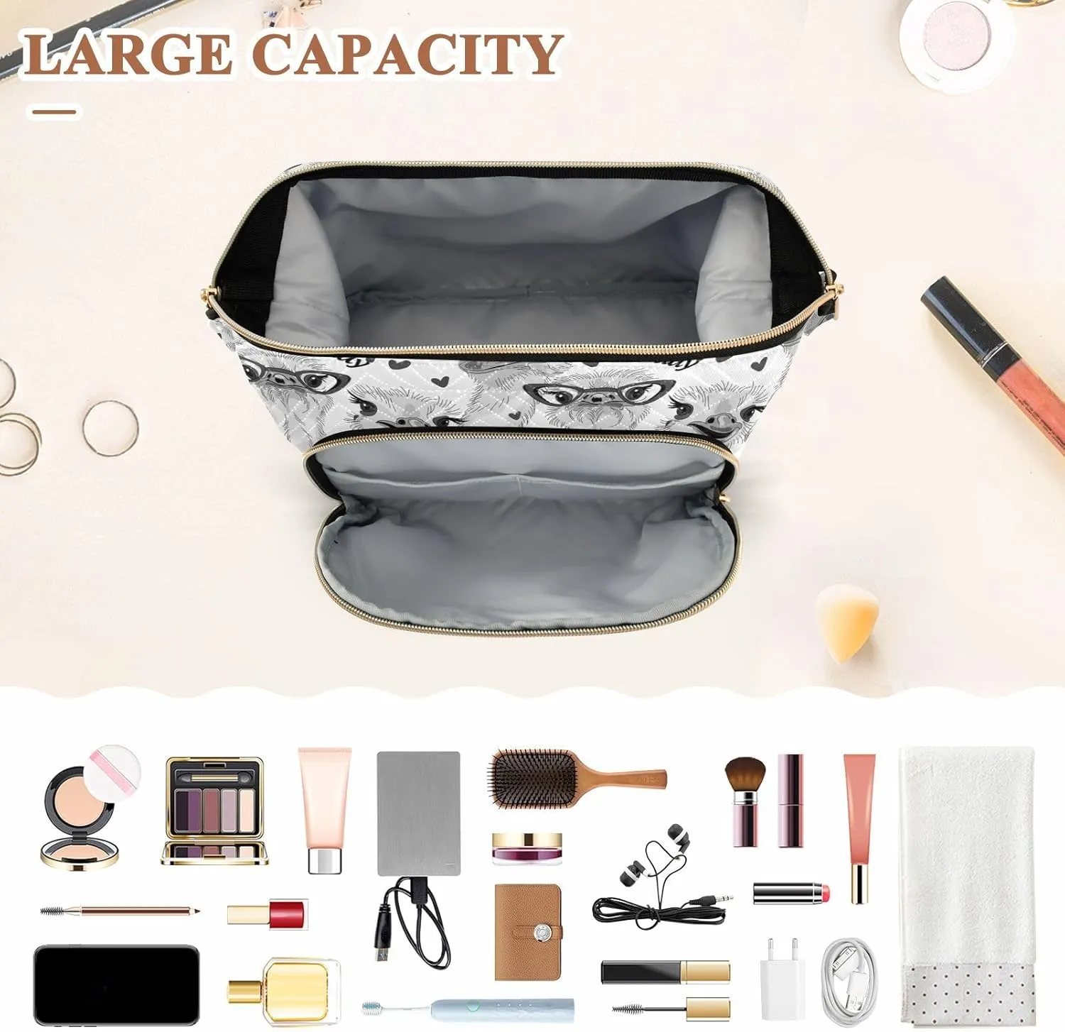 Women Wave Quilt Cosmetic Bag, Storage Pouch Handbag Makeup Case Zipper Toiletry Purse Holder Organizer 10.2x5.9x6.7 in Seamless Grey Ostriches with Glasses Hairpins, Lover is a Day