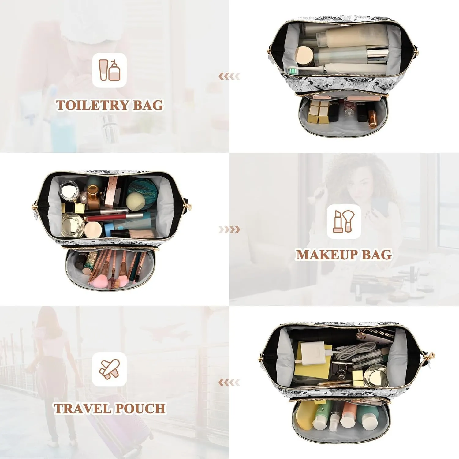 Women Wave Quilt Cosmetic Bag, Storage Pouch Handbag Makeup Case Zipper Toiletry Purse Holder Organizer 10.2x5.9x6.7 in Seamless Grey Ostriches with Glasses Hairpins, Lover is a Day