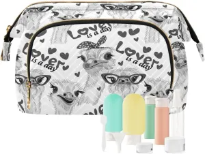 Women Wave Quilt Cosmetic Bag, Storage Pouch Handbag Makeup Case Zipper Toiletry Purse Holder Organizer 10.2x5.9x6.7 in Seamless Grey Ostriches with Glasses Hairpins, Lover is a Day